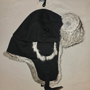 CrownCap Trapper Hat Medium Unisex Black Grey Natural Rabbit Fur Aviator winter